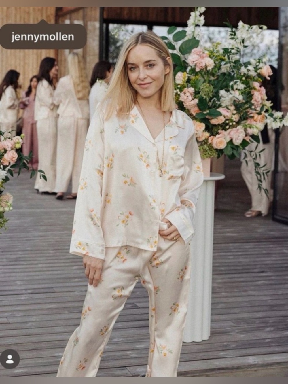 EBERJEY Inez Washable Silk Printed Long PJ Set in Floral Bloom Peach Dust/Ivory - Picture 2 of 3